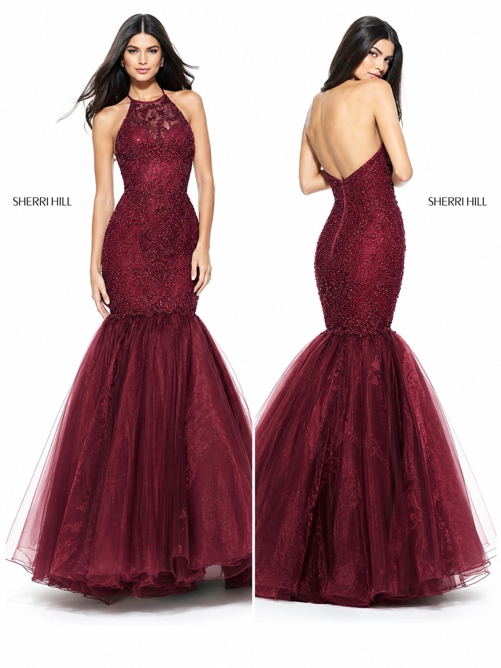 NWT Sherri Hill Wine Burgundy 51215 Halter Mermaid Beaded Organza Gown Sz 14